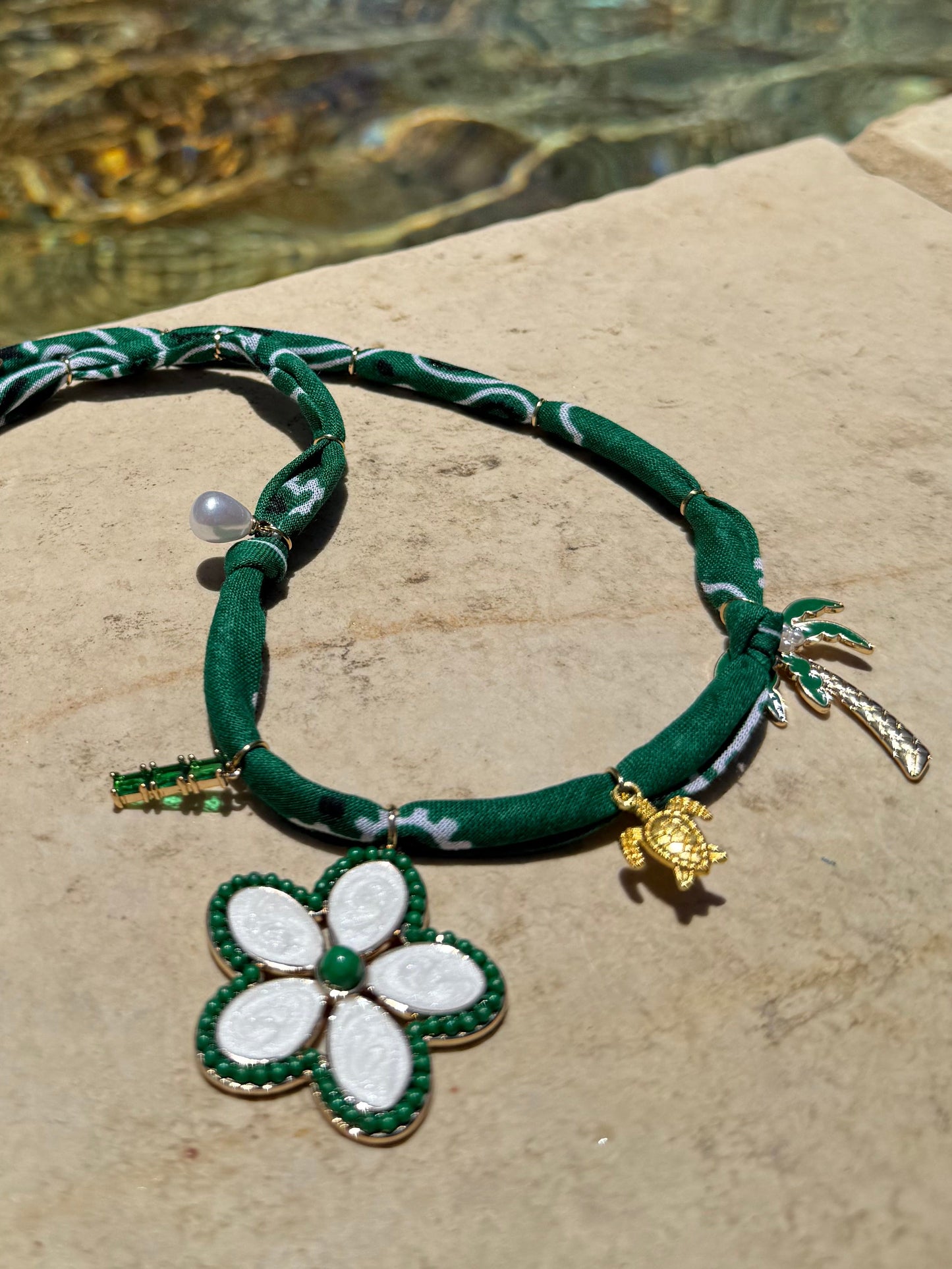 FRANGIPANI // Dark Green Handmade Bandana Necklace